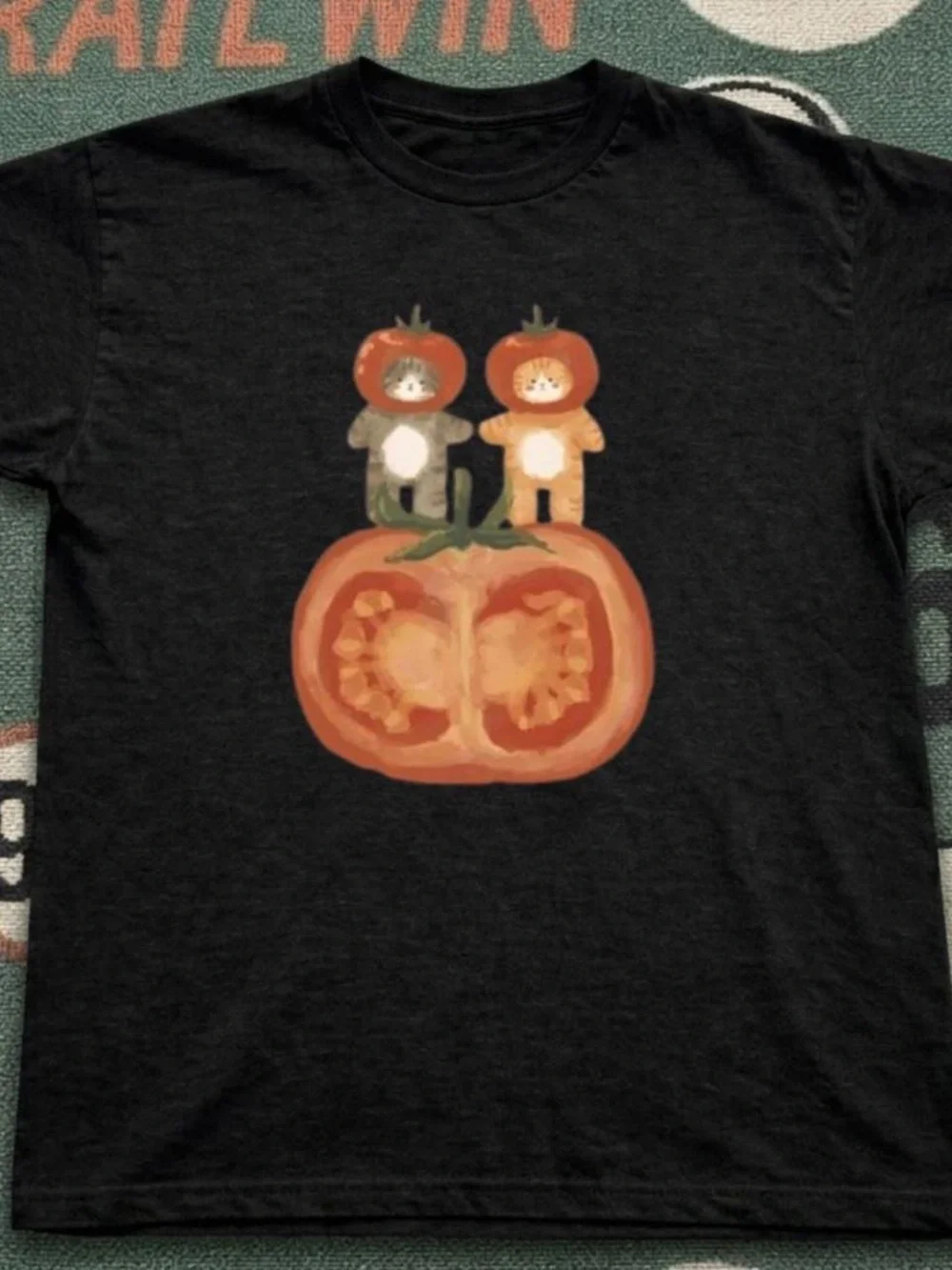 Cute Tomato Hat Cats Graphic T-Shirt, Whimsical Painting Style Kitten Tomato Tee
